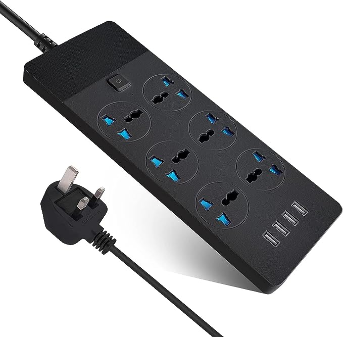SKY-TOUCH Power Strips Extension Cord 6 Outlets, Universal Plug Adapter with 4 USB Ports Surge Protector, Charging Socket with 2M Bold Extension Cord (Black)