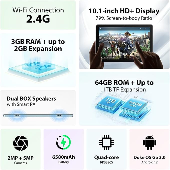Blackview Tab 7 Wifi, 10.1 inch Android 12 Tablet HD+ 3GB RAM+64GB ROM, 6580mAh Battery, 5MP+2MP Dual Camera, Twilight Blue