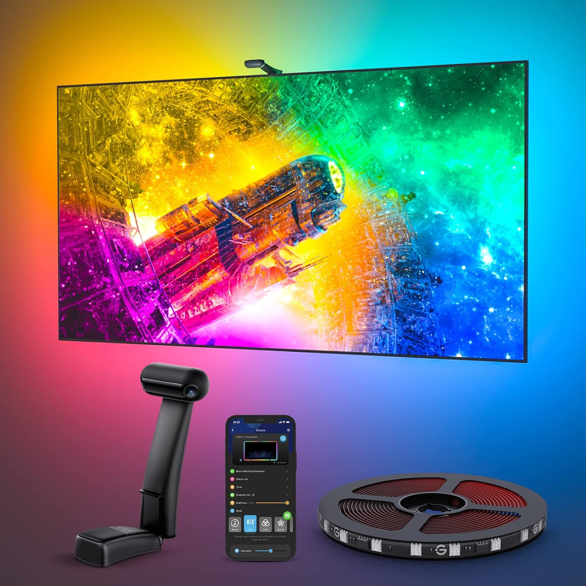 Govee Envisual TV Backlight T2 with Dual Camera for 55-65 Inch TV and PC, RGBIC WiFi TV LED Backlight Compatible with Alexa and Google Assistant, Double Light Beads